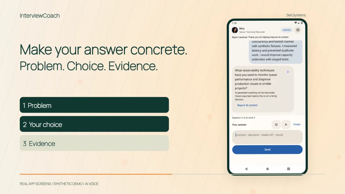 InterviewCoach creative preview with actual Android app screens from an illustrative QA scenario