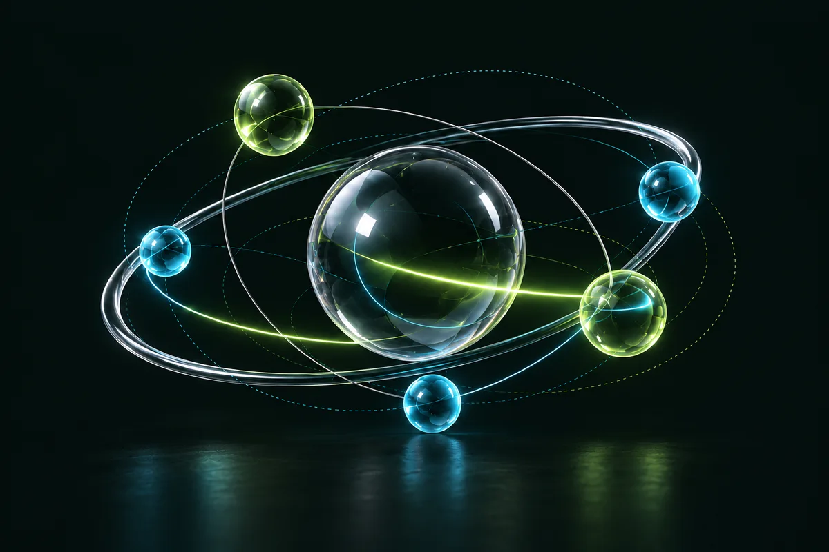 A glass core and connected orbital spheres, illustrating a system with many connected parts.