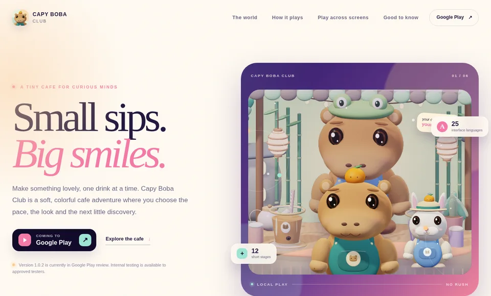 Capy Boba Club public website, illustrated with a capybara and bubble tea.